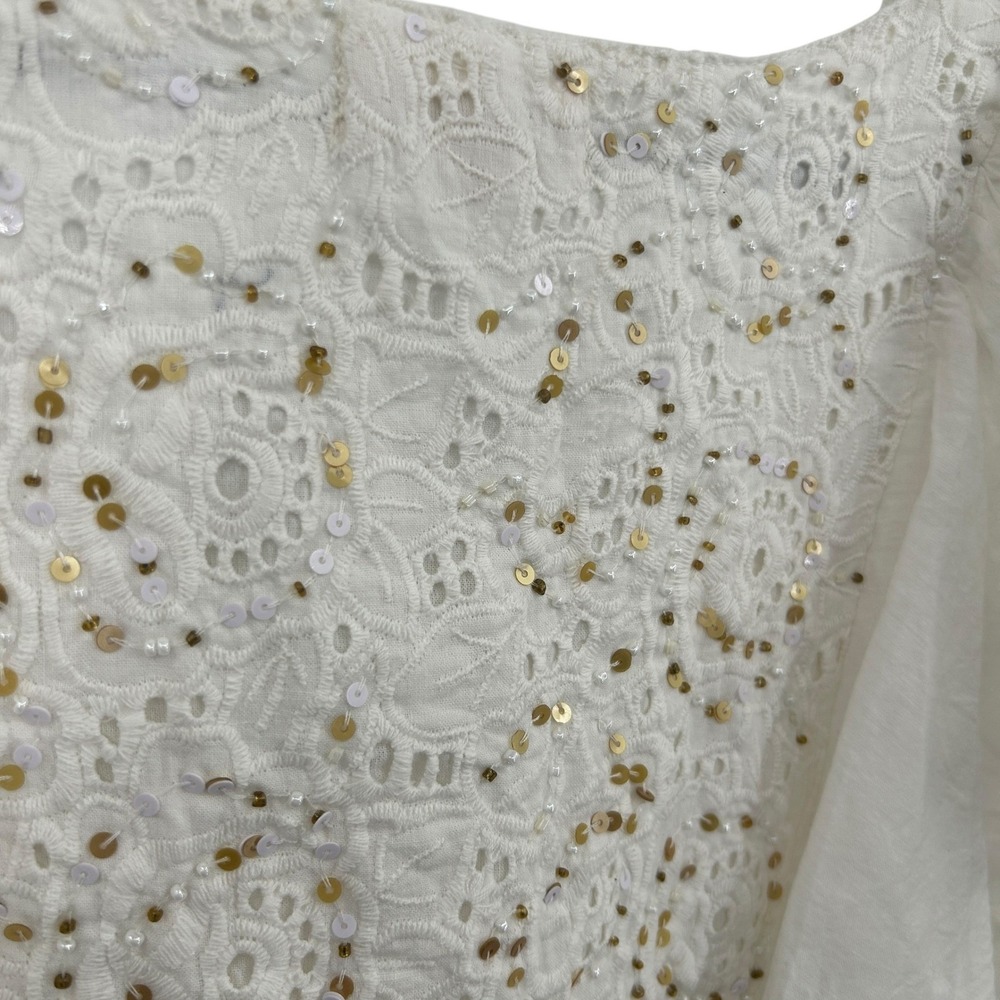 Boho Embroidered Beaded Cotton Blouse M/L Ivory‎ Flutter Sleeve Cottage Romantic - Picture 6 of 9